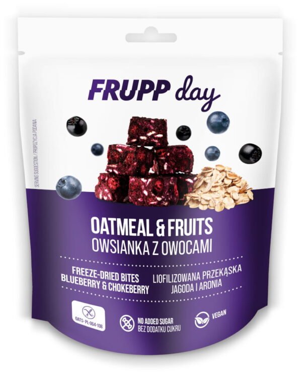 Frupp Day Fagyasztva szárított zabkockák kék áfonyával és aróniával . Gluténmentes termék. 25g