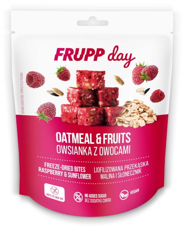 Frupp Day kocka snack falatok zabpehellyel és liofilizált málnával,napraforgómaggal. Gluténmentes termék. 25g